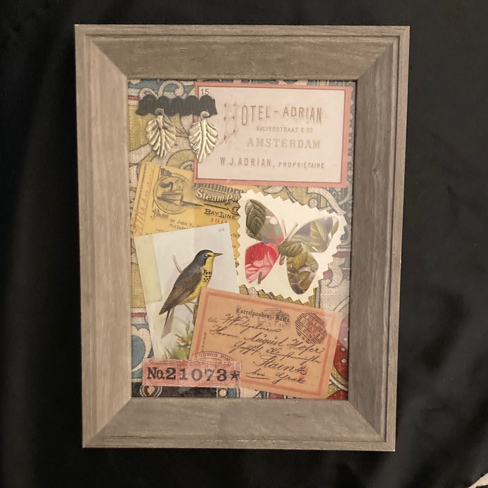 😀HOST PICK Framed Vintage-Style Collage Art with Bird and Butterfly